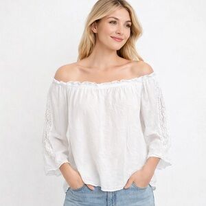 SW New York White Off Shoulder Boho Peasant Blouse Size L